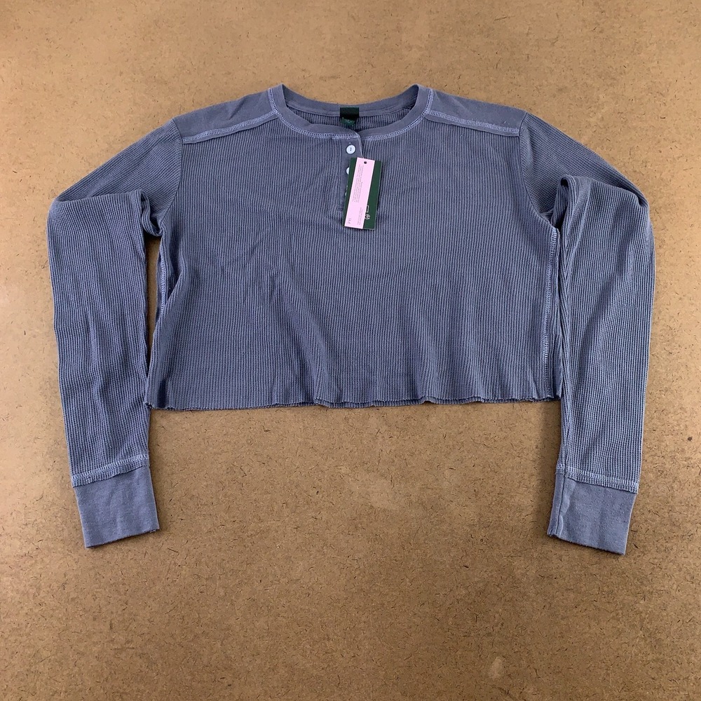 Wild Fable Women's Size Small Blue Waffle Knit Long Sleeve Henley Crop Top NWT